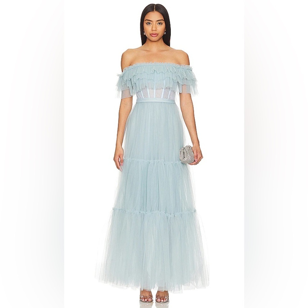 NWT BCBGMaxAzria Blue Ruffled Tiered Tool Gown
